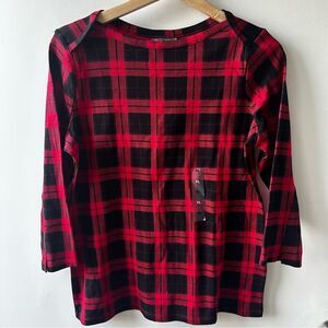 Style & Co Red Plaid Top Large Petite NEW Boat-Neck NWT black print cozy vibes